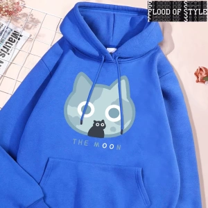 Hip Hop Harajuku Vintage Tarzı  Ay Mavi Kedi Eğlenceli Baskı  Gri