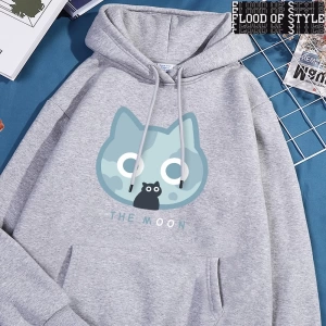 Hip Hop Harajuku Vintage Tarzı  Ay Mavi Kedi Eğlenceli Baskı  Gri