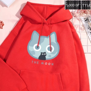 Hip Hop Harajuku Vintage Tarzı  Ay Mavi Kedi Eğlenceli Baskı  Gri
