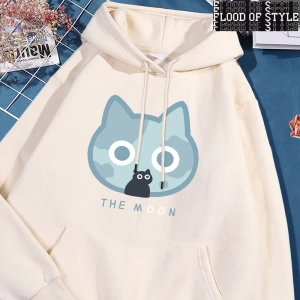 Hip Hop Harajuku Vintage Tarzı  Ay Mavi Kedi Eğlenceli Baskı  Gri