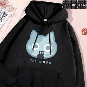 Hip Hop Harajuku Vintage Tarzı  Ay Mavi Kedi Eğlenceli Baskı  Gri