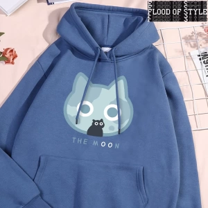 Hip Hop Harajuku Vintage Tarzı  Ay Mavi Kedi Eğlenceli Baskı  Gri