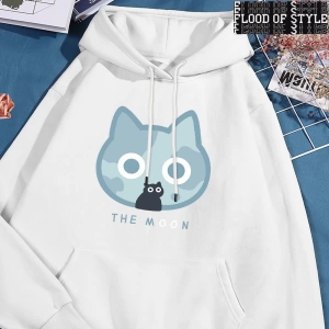 Hip Hop Harajuku Vintage Tarzı  Ay Mavi Kedi Eğlenceli Baskı  Gri