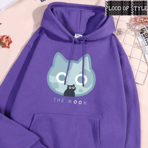 Hip Hop Harajuku Vintage Tarzı  Ay Mavi Kedi Eğlenceli Baskı  Gri
