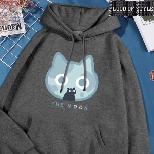 Hip Hop Harajuku Vintage Tarzı  Ay Mavi Kedi Eğlenceli Baskı  Gri