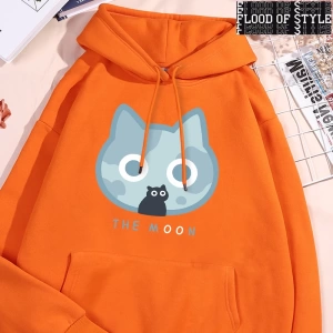 Hip Hop Harajuku Vintage Tarzı  Ay Mavi Kedi Eğlenceli Baskı  Gri