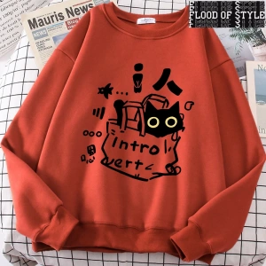 Hip Hop Harajuku Vintage Tarzı  Bir içe dönük kedi eğlenceli sevimli Gri