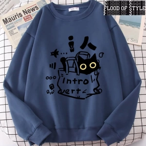 Hip Hop Harajuku Vintage Tarzı  Bir içe dönük kedi eğlenceli sevimli Gri