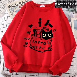 Hip Hop Harajuku Vintage Tarzı  Bir içe dönük kedi eğlenceli sevimli Gri