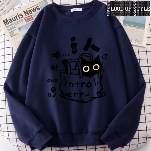 Hip Hop Harajuku Vintage Tarzı  Bir içe dönük kedi eğlenceli sevimli Gri