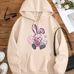 Hip Hop Harajuku Vintage Tarzı  Bir oyuncak tavşan yerde oturan  Gri