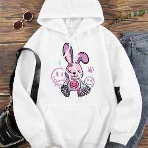 Hip Hop Harajuku Vintage Tarzı  Bir oyuncak tavşan yerde oturan  Gri