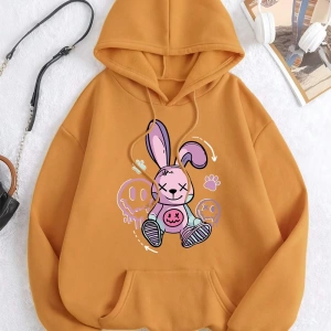 Hip Hop Harajuku Vintage Tarzı  Bir oyuncak tavşan yerde oturan  Gri