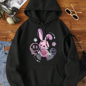 Hip Hop Harajuku Vintage Tarzı  Bir oyuncak tavşan yerde oturan  Gri