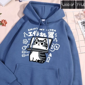 Hip Hop Harajuku Vintage Tarzı  Eğlenceli aracı kedi baskı Gri