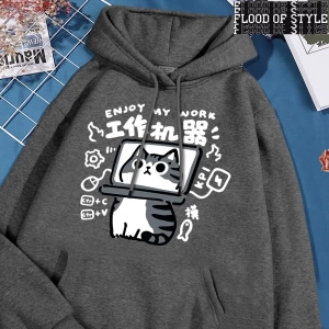 Hip Hop Harajuku Vintage Tarzı  Eğlenceli aracı kedi baskı Gri