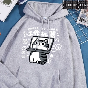 Hip Hop Harajuku Vintage Tarzı  Eğlenceli aracı kedi baskı Gri