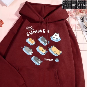 Hip Hop Harajuku Vintage Tarzı  Eğlenceli kedi ve köpek yüzme  Gri
