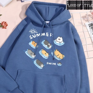 Hip Hop Harajuku Vintage Tarzı  Eğlenceli kedi ve köpek yüzme  Gri