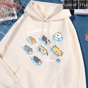 Hip Hop Harajuku Vintage Tarzı  Eğlenceli kedi ve köpek yüzme  Gri