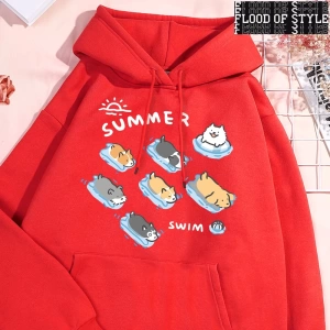 Hip Hop Harajuku Vintage Tarzı  Eğlenceli kedi ve köpek yüzme  Gri