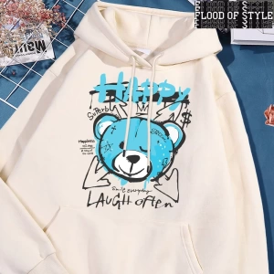 Hip Hop Harajuku Vintage Tarzı  Eğlenceli mavi mutlu ayı giyim  Gri