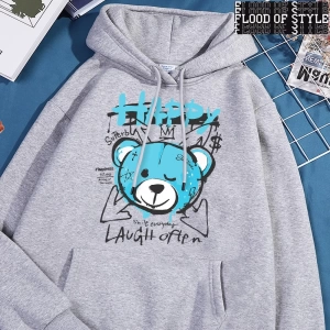 Hip Hop Harajuku Vintage Tarzı  Eğlenceli mavi mutlu ayı giyim  Gri