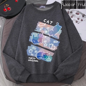 Hip Hop Harajuku Vintage Tarzı  Eğlenceli Mischievous kedi Gri