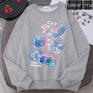 Hip Hop Harajuku Vintage Tarzı  Eğlenceli Mischievous kedi Gri