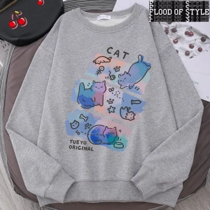 Hip Hop Harajuku Vintage Tarzı  Eğlenceli Yaramaz Kedi Sevimli Gri