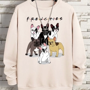 Hip Hop Harajuku Vintage Tarzı  Frenchies 6 fransız buldog  Gri