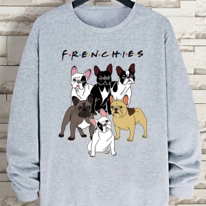 Hip Hop Harajuku Vintage Tarzı  Frenchies 6 fransız buldog  Gri