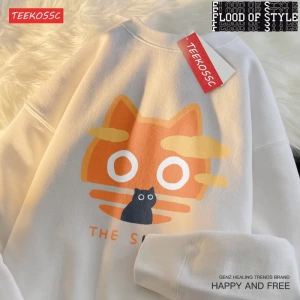 Hip Hop Harajuku Vintage Tarzı  Güneş kedi ay kedi komik sevimli Beyaz