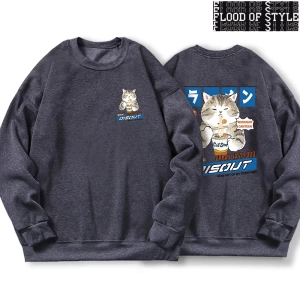 Hip Hop Harajuku Vintage Tarzı  Japon Harajuku erişte ve suşi kedi  Gri