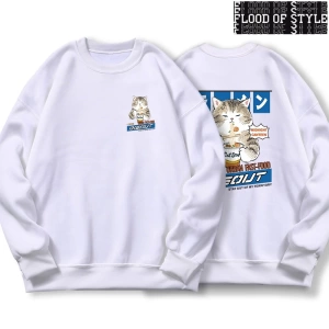 Hip Hop Harajuku Vintage Tarzı  Japon Harajuku erişte ve suşi kedi  Gri