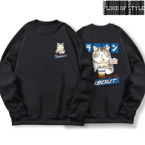 Hip Hop Harajuku Vintage Tarzı  Japon Harajuku erişte ve suşi kedi  Gri