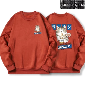 Hip Hop Harajuku Vintage Tarzı  Japon Harajuku erişte ve suşi kedi  Gri