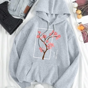 Hip Hop Harajuku Vintage Tarzı  Kiraz Ağacı Tam Çiçek Gri