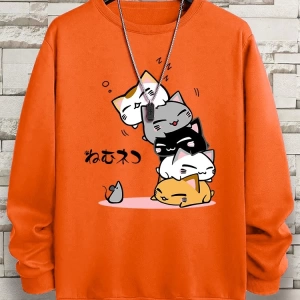 Hip Hop Harajuku Vintage Tarzı  Sevimli Yığılmış Kediler  Gri