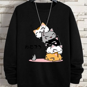 Hip Hop Harajuku Vintage Tarzı  Sevimli Yığılmış Kediler  Gri