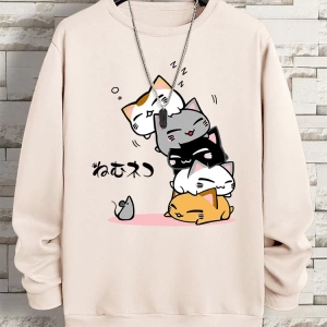 Hip Hop Harajuku Vintage Tarzı  Sevimli Yığılmış Kediler  Gri