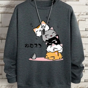 Hip Hop Harajuku Vintage Tarzı  Sevimli Yığılmış Kediler  Gri