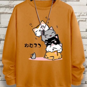 Hip Hop Harajuku Vintage Tarzı  Sevimli Yığılmış Kediler  Gri