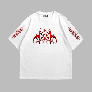 Holographic Red Baskılı Oversize Unisex Beyaz