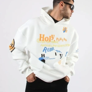 Holy Powers Beyaz Oversize Unisex Kapüşonlu