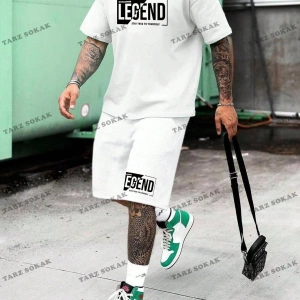 Homme Beyaz Örgü Erkek Kısa Kollu Tişört ve Şort Takım