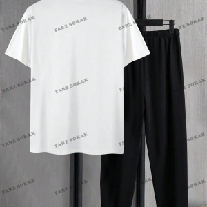 Homme Erkek Mektup Baskı Kısa Kollu Tişört Ve Uzun Pantolon İki Parçalı Set