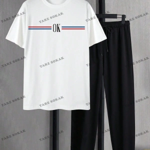 Homme Erkek Mektup Baskı Kısa Kollu Tişört Ve Uzun Pantolon İki Parçalı Set