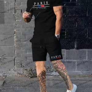 Homme Erkek Mektup Grafikli Tişört ve İpli Bel Şort Takım