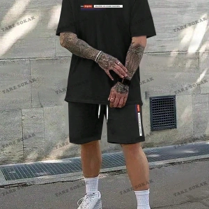 Homme Erkek Yazılı Baskılı T-Shirt Ve Şort 2 Adet/Takım